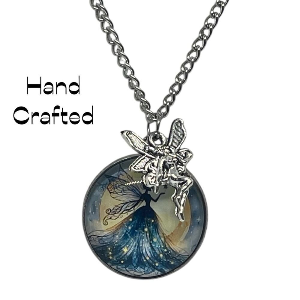 Hand Crafted Blue Yellow Silver Fairy Pendant Necklace & Earring Set NWT OS
